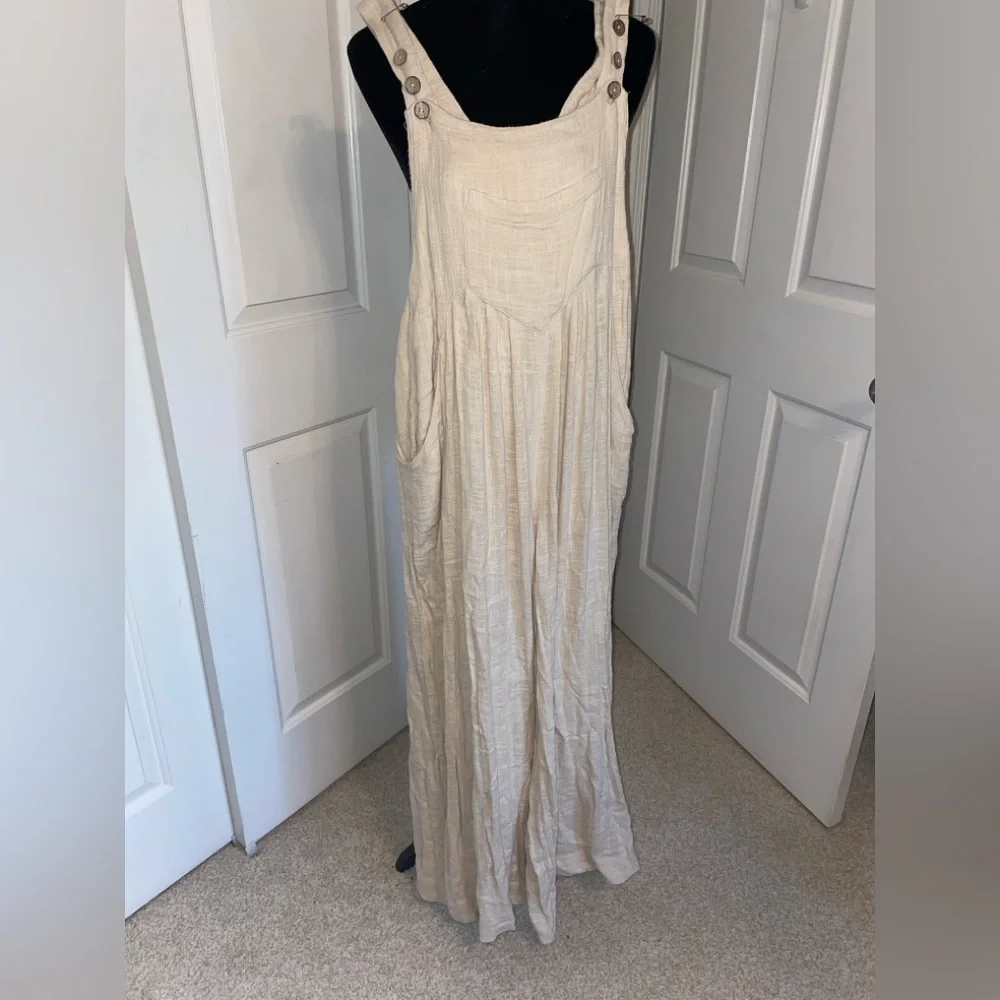 Free People sun drenched linen wide leg overalls - Picture 4 of 7